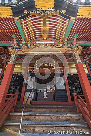 Seson-in Shakado Temple. ä¸–å°Šé™¢ é‡ˆè¿¦å ‚ Colorful front entrance and Sugaruhafu bargeboard detail. Editorial Stock Photo